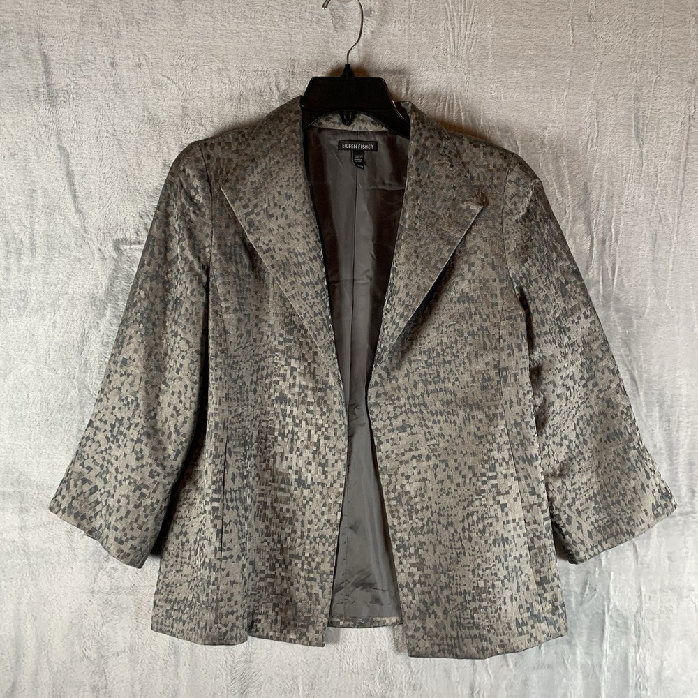 Eileen Fisher Women's Blazer Open Front 3/4 Sleeve Silk Gray Lined Pockets XS